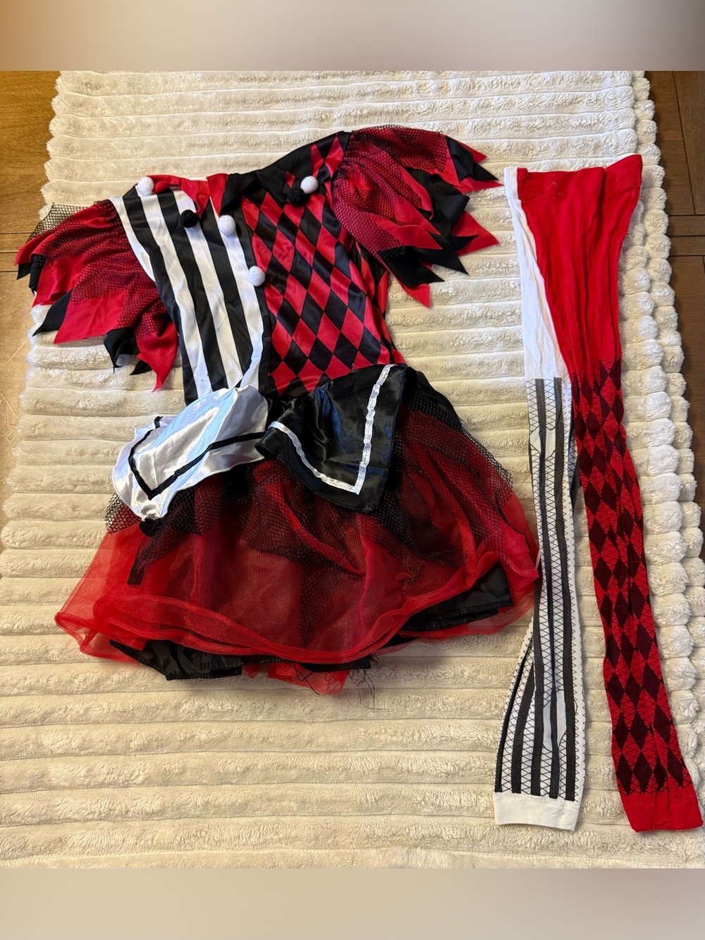 Spirit Red and Black Harlequin Jester Girls Costume with Striped Tights - Picture 1 of 2